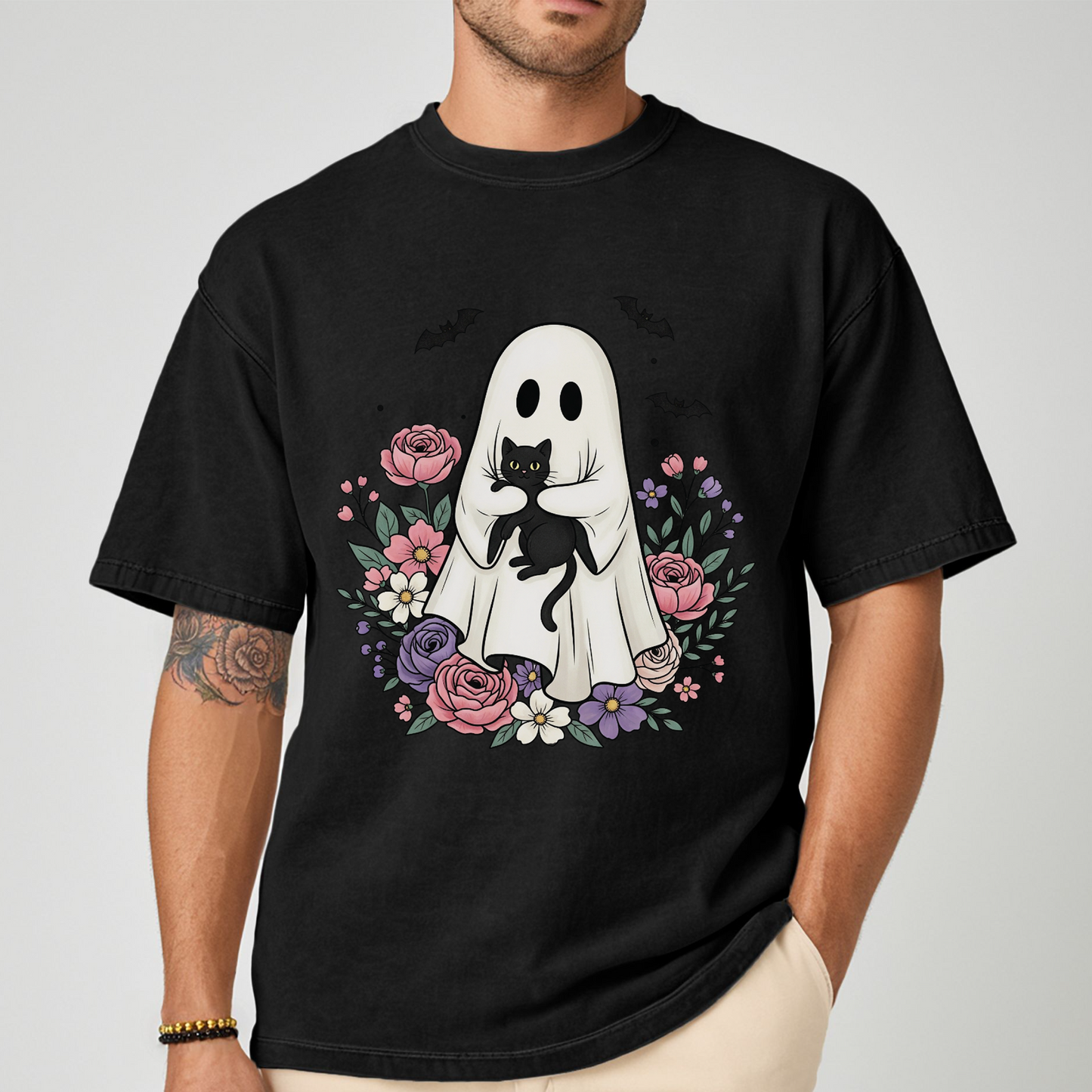 UNISEX CUTE CAT AND GHOST TEE FLORAL TSHIRT GIFT CAT MOM