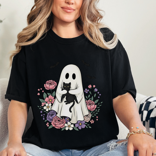 UNISEX CUTE CAT AND GHOST TEE FLORAL TSHIRT GIFT CAT MOM