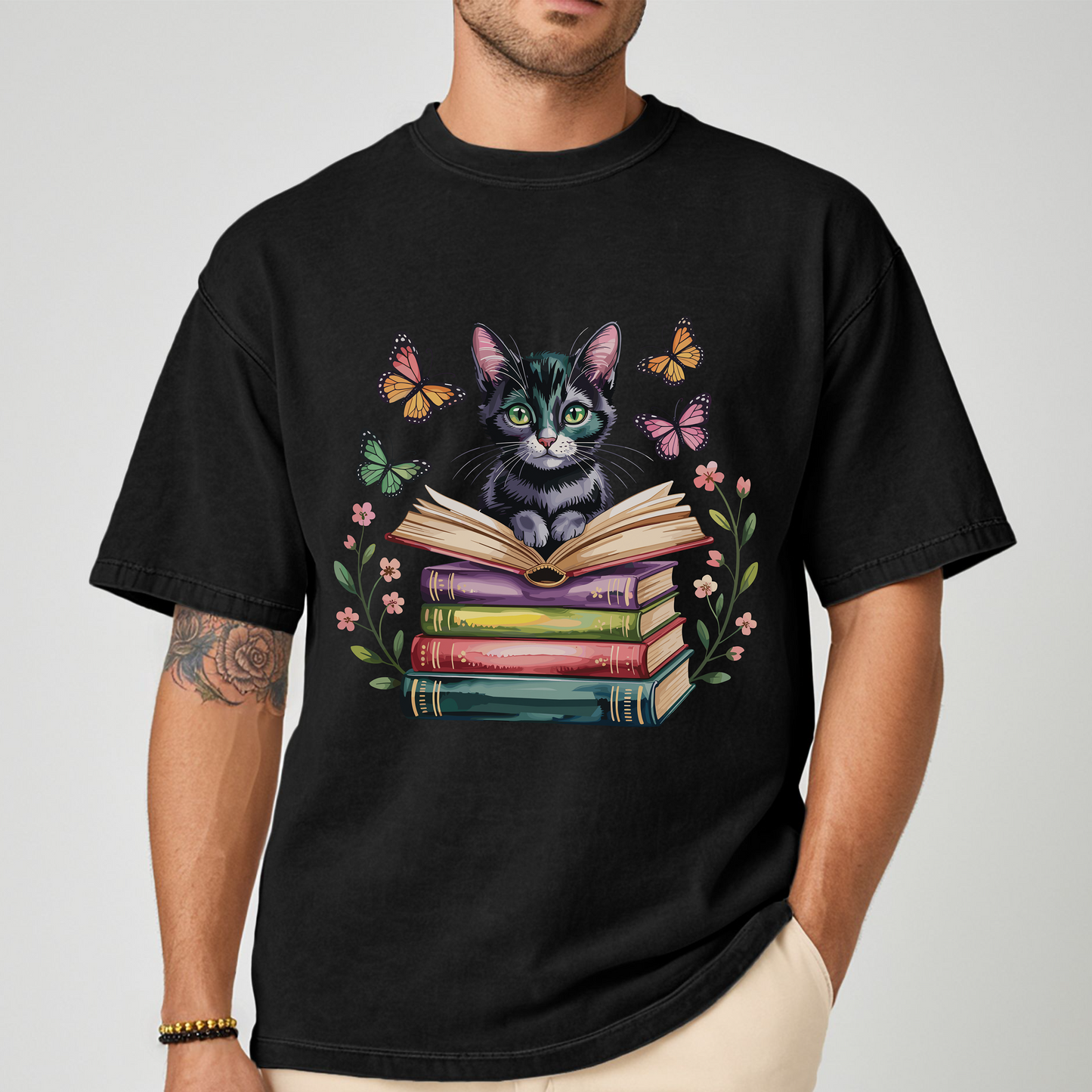 UNISEX CUTE CAT WITH BOOKS TEE FOR BOOKWORMS & CAT MOMS GIFT