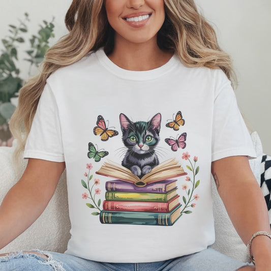 UNISEX CUTE CAT WITH BOOKS TEE FOR BOOKWORMS & CAT MOMS GIFT